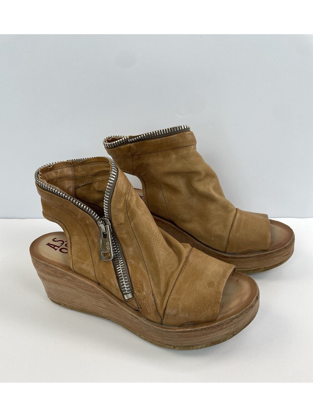 AS98 Naylor Womens Wedge Platform Sandal Camel Tan Leather Bootie Zip Shoe EU 40